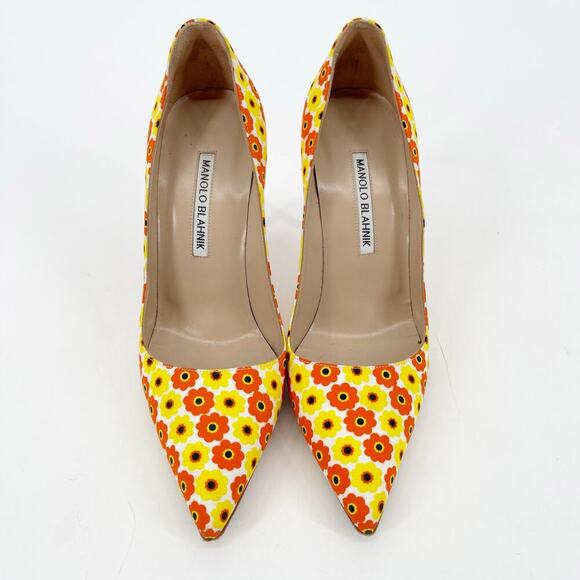 Manolo Blahnik Yellow Orange Floral Cotton BB Pointed Toe Stiletto Heels IT 37.5 - Picture 6 of 13